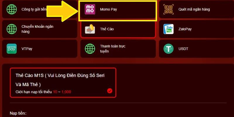 Nạp tiền vào sảnh cược 77WIN bằng Ví điện tử momo Nạp tiền vào sảnh cược 77WIN bằng Ví điện tử momo